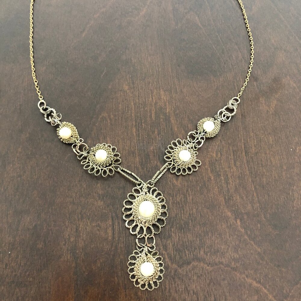 Vintage Filigree Silver Tone Necklace With Faux Pearls